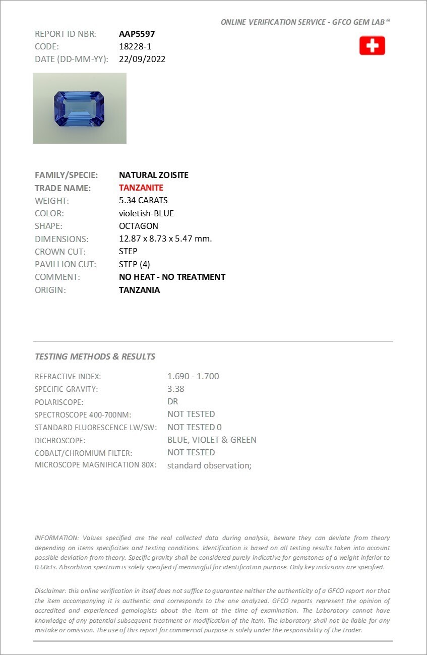 5.34 ct.	Tanzanite octagon/ Танзанит октагон (арт. 0007)