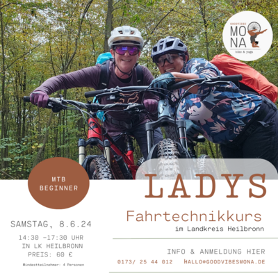 Ladys only - Fahrtechnik MTB
8.6.2024 14:30 - 17:30 Uhr
Hohenloher Land