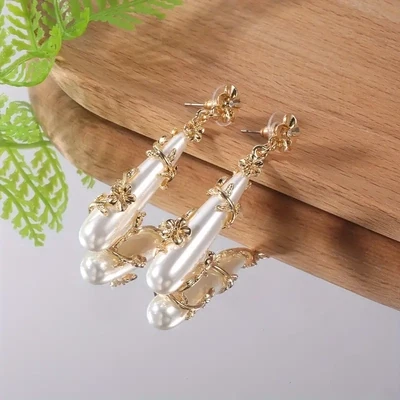 Exquisite Flower Twig Wrapped Long Teardrop Earring