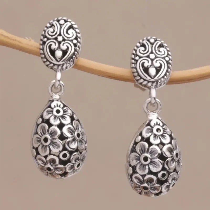 925 Silver Plated Floral Pattern Drop Earrings
