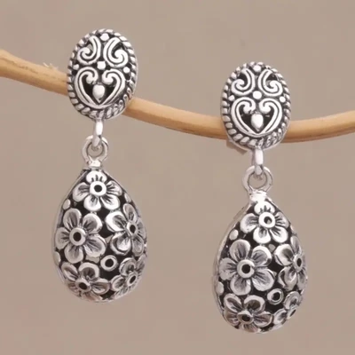 925 Silver Plated Floral Pattern Drop Earrings