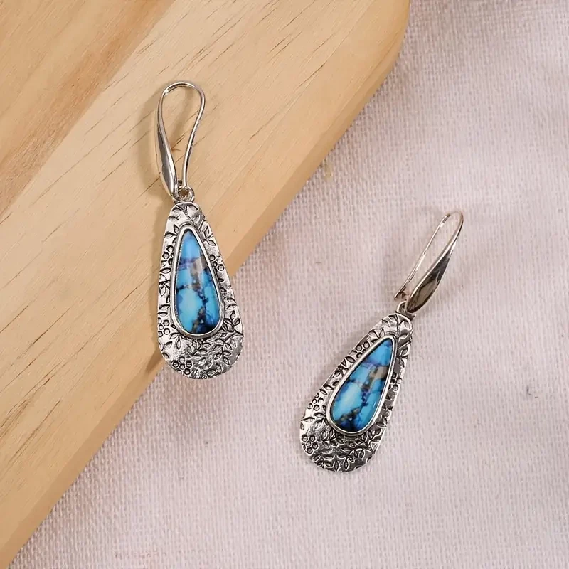 Vintage Boho Dangle Drop Earrings Metal Carved Pattern 925 Silver Plated