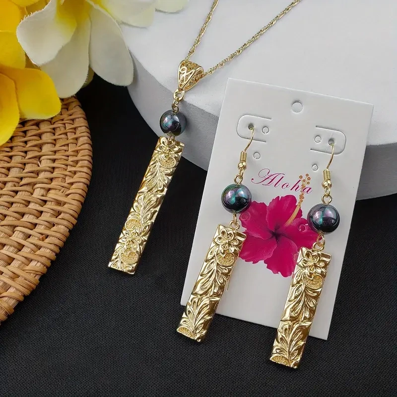 Copper Jewelry Set With Pendant Necklace &amp; Drop Hook Earrings Inlaid Faux Pearls 14k Gold Plated