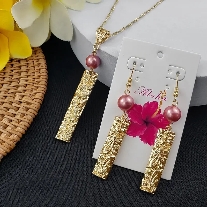 Gold Plated Copper Jewelry Set With Pendant Necklace &amp; Drop Hook Earrings 14k Gold Plated