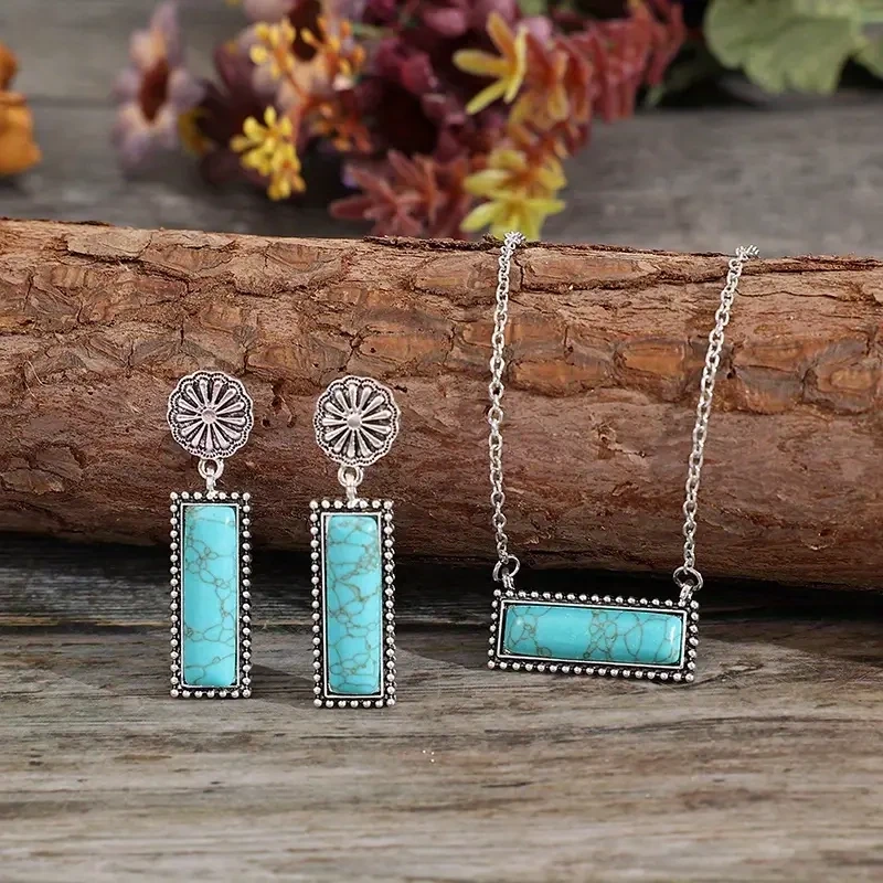 Earrings and Necklace Boho Style Jewelry Silver Plated Inlaid Turquoise Matching Set