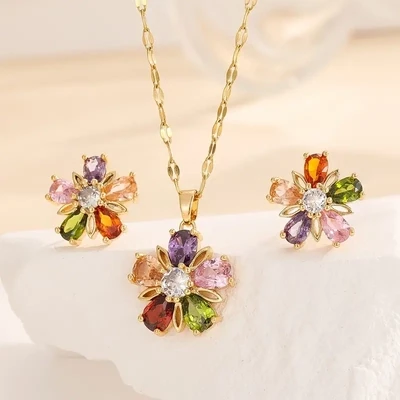 Colorful Flower Shape Jewelry Set With Pendant Necklace &amp; Stud Earrings 18k Gold Plated Copper Jewelry Se