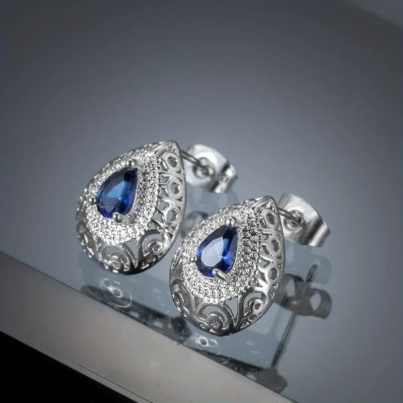 Metal Hollow Vintage Style Sapphire Blue Zircon Earrings