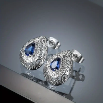 Metal Hollow Vintage Style Sapphire Blue Zircon Earrings