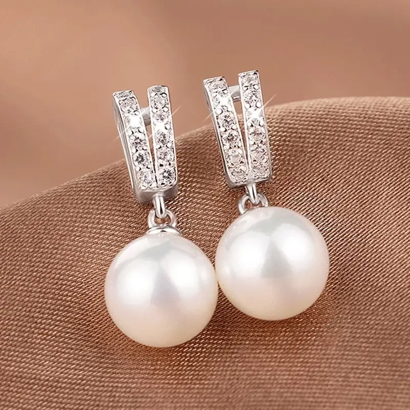 Elegant Simple 925 Silver Plated White Pearl Zircon Stud Earrings