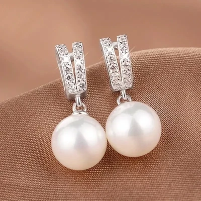 Elegant Simple 925 Silver Plated White Pearl Zircon Stud Earrings