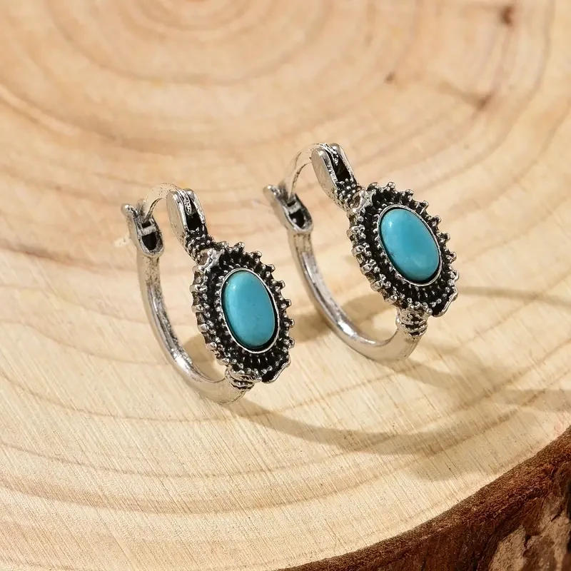 Boho Ethnic Turquoise Huggie Earrings