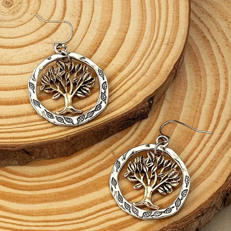 Tree Of Life Design Hollow Round Dangle Earrings