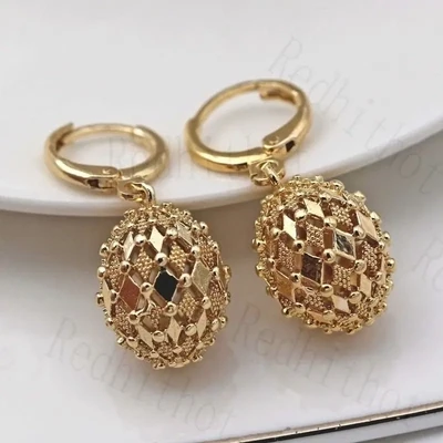 Gold Plated Drop Earrings Metal Carved Pattern Hollow Out Ball