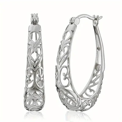Carved Hoop Earrings Retro Elegant Style Copper  Silver Plated Jewelry