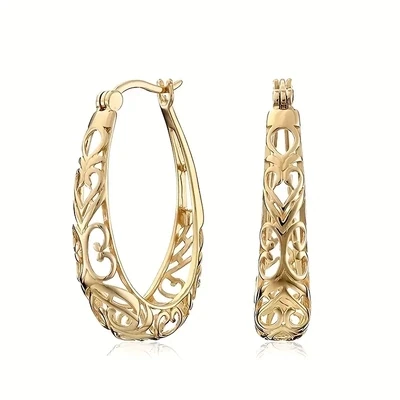 Golden Carved Hoop Earrings Retro Elegant Style Copper 18k Gold Plated