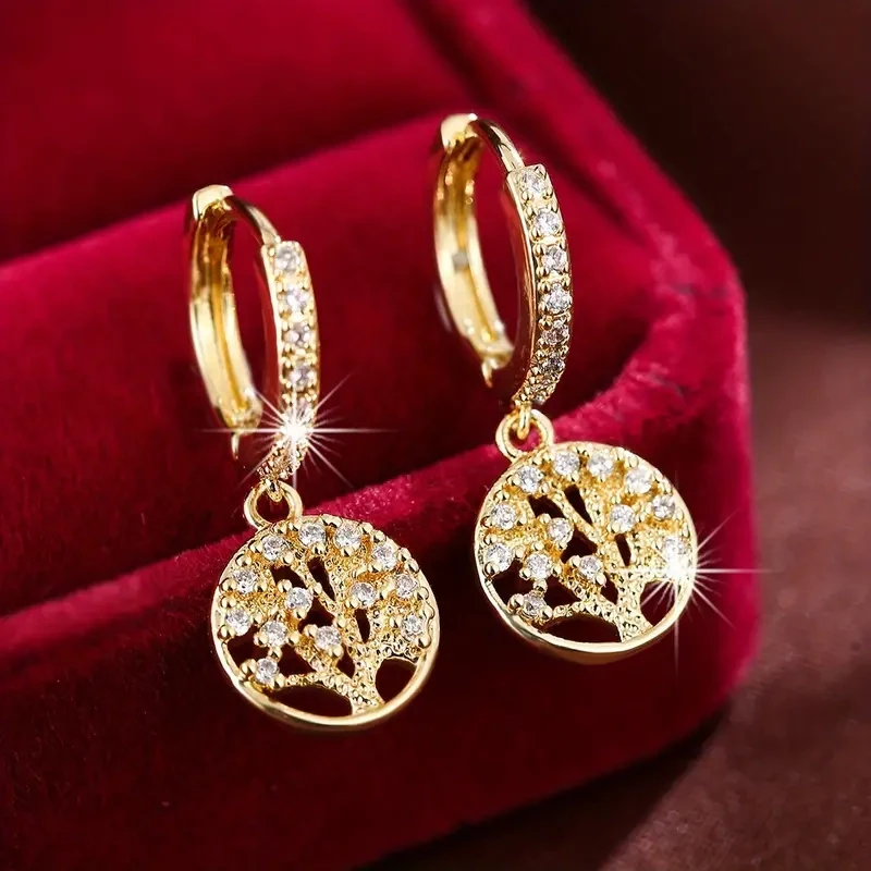 Tree Of Life Design With Sparkling Zircon Decor Hoop Earrings18K Gold Plated