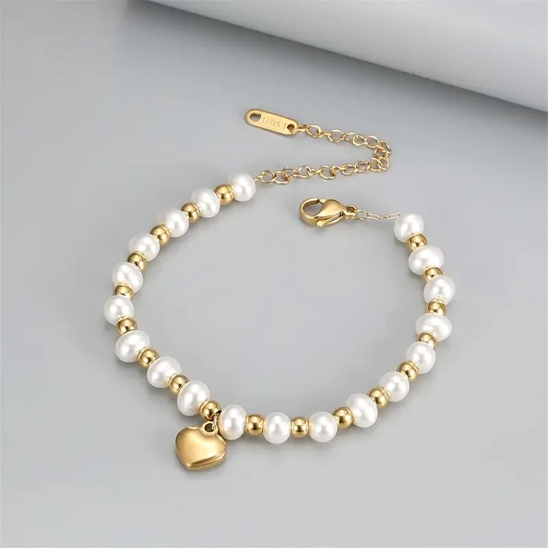 Heart Shape Pendant Bracelet With Faux Pearls Beads 18K Gold Plated Stainless Steel
