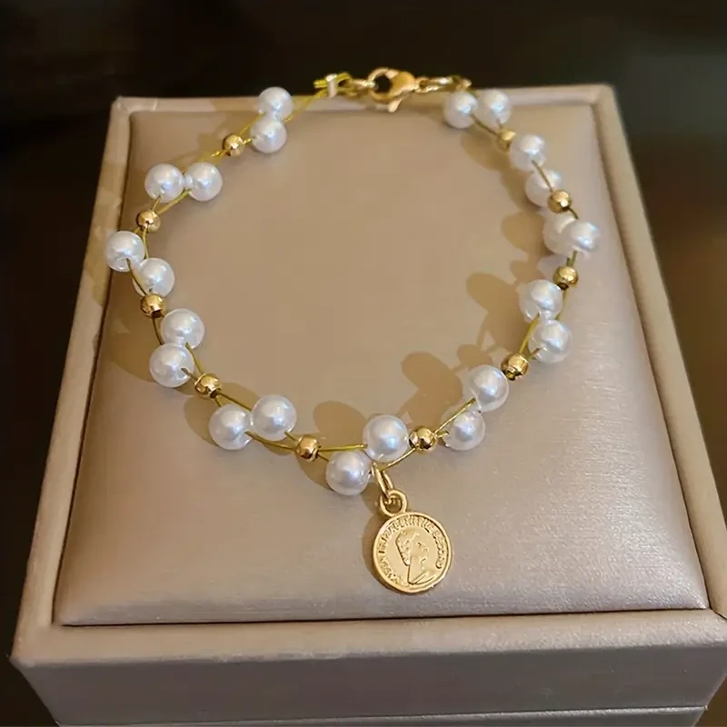 Baroque Style Vintage Portrait Faux Pearl Bracelet, 18K Gold Plated