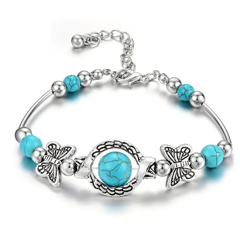 Butterfly Charm Vintage Bracelet  Silver Natural Turquoise