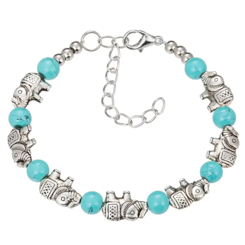 Elephant Charm Bracelet Vintage Jewelry Silver Natural Turquoise