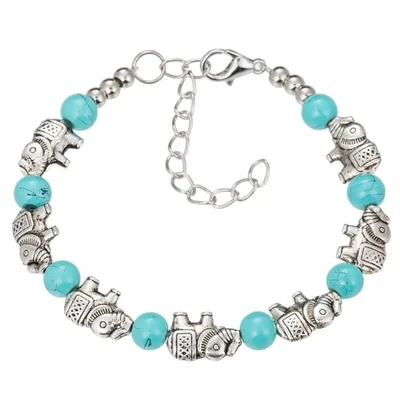 Elephant Charm Bracelet Vintage Jewelry Silver Natural Turquoise
