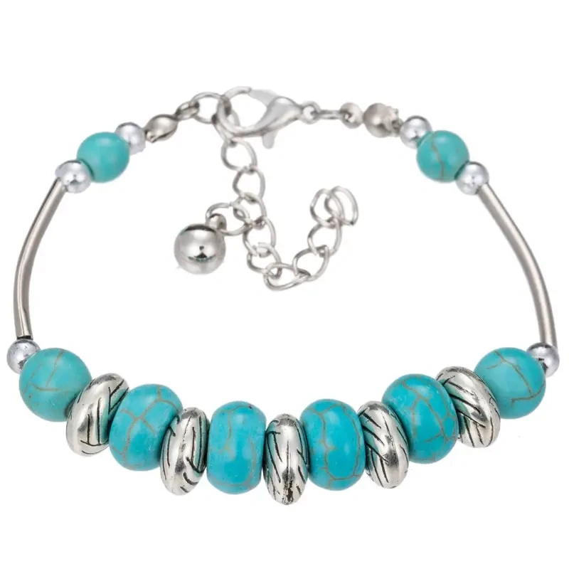 Rounded Bead Charm Bracelet Vintage Jewelry Silver Natural Turquoise