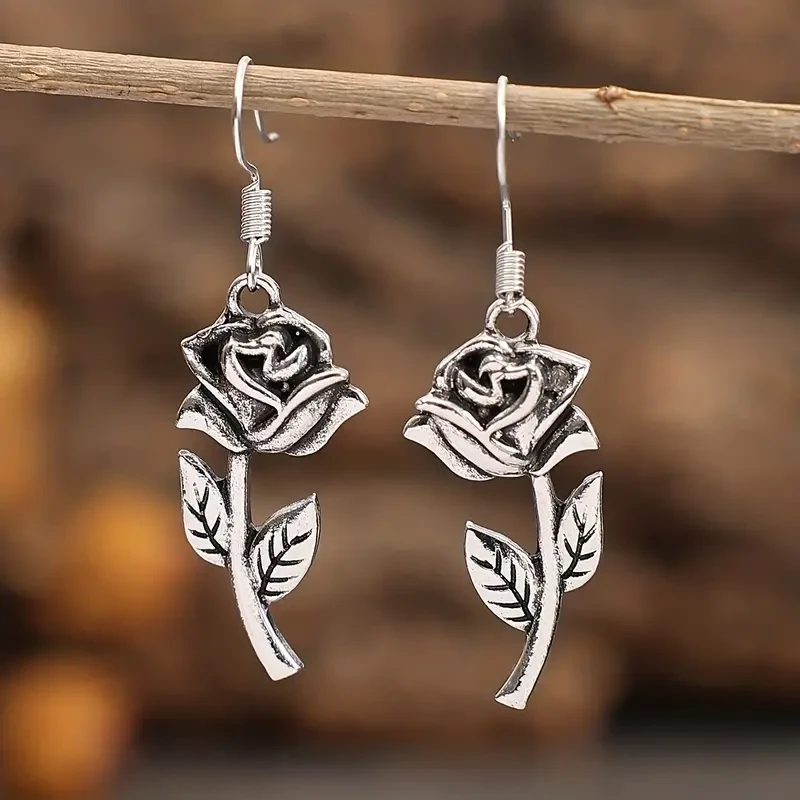 Simple Retro Rose Design Dangle Earrings Alloy Silver Plated