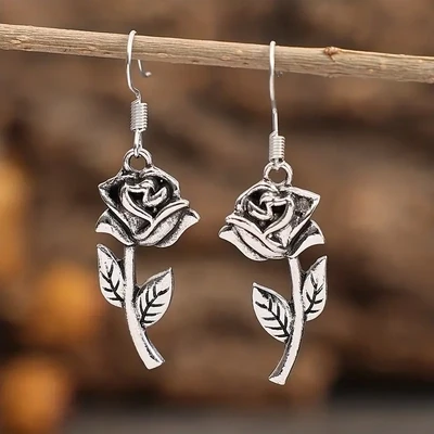 Simple Retro Rose Design Dangle Earrings Alloy Silver Plated