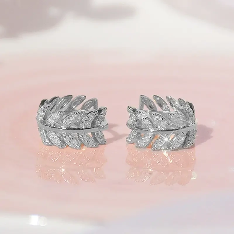 925 Silver Plated Olive Branch Leaf Small Hoop Huggies Earrings