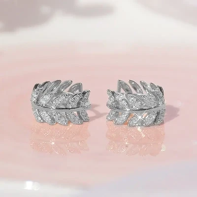 925 Silver Plated Olive Branch Leaf Small Hoop Huggies Earrings