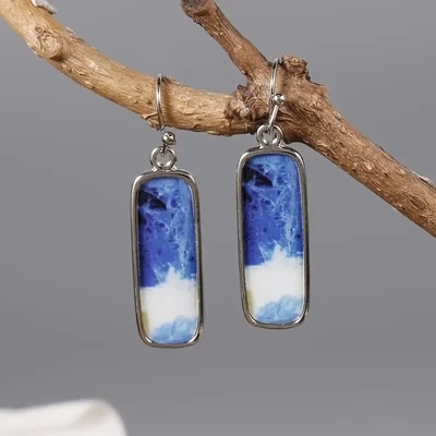 Vintage Rectangle Blue White Pattern Hook Drop Earrings 925 Silver Plated