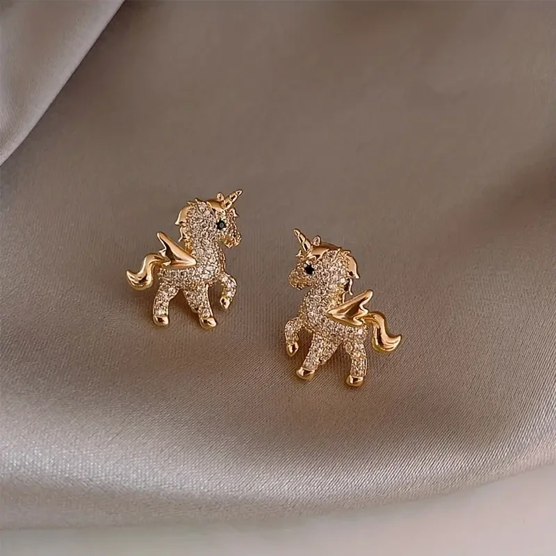 Cute Golden Unicorn Stud Earrings