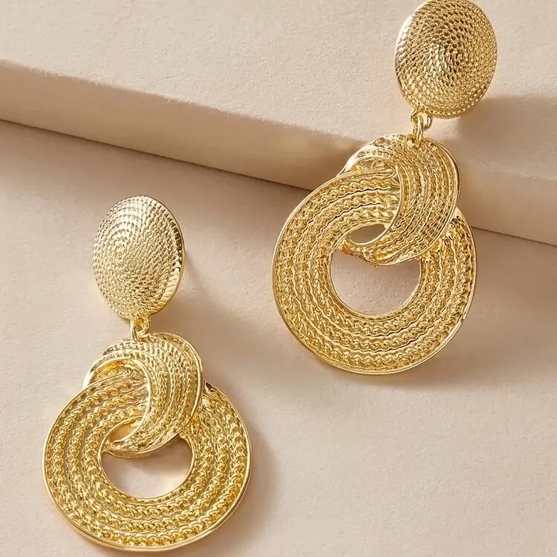 Golden Geometric Big Circle Dangle Earrings 18K Gold Plated