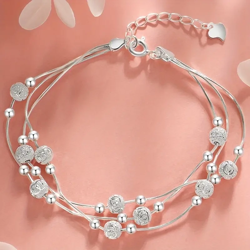 Women&#39;s Silvery Multilayer Alloy Transfer Bead Bracelet