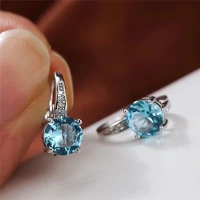 Gorgeous Silver Zircon Earrings Light Sea Blue