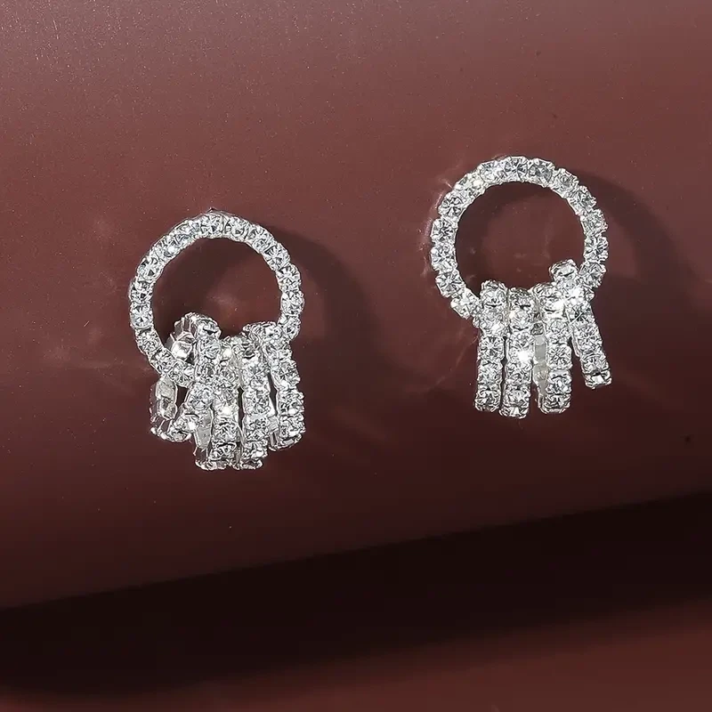 Silver Plated Circle Rhinestone Dangle Earrings