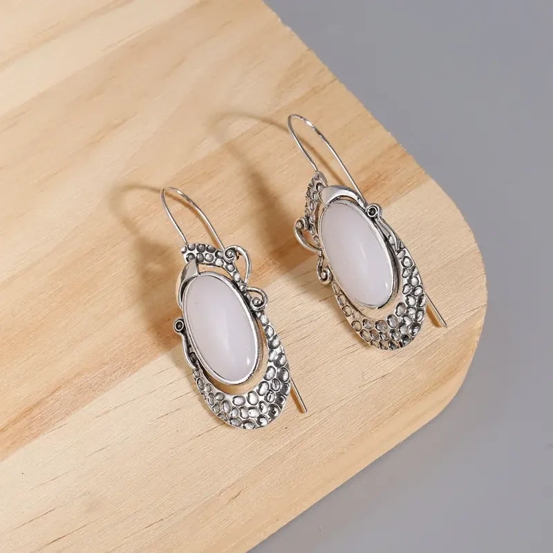 Simple Metal Silver Color Engagement  Oval Moonstone Hook Earrings