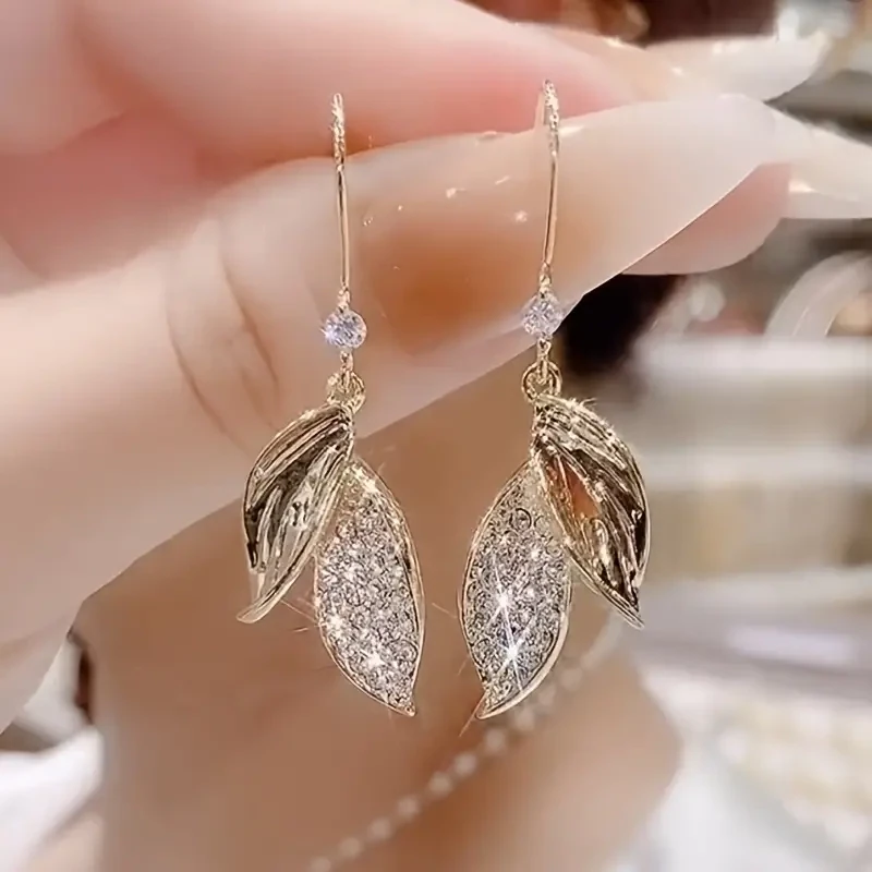 Sparkling Rhinestone Leaf Earrings
