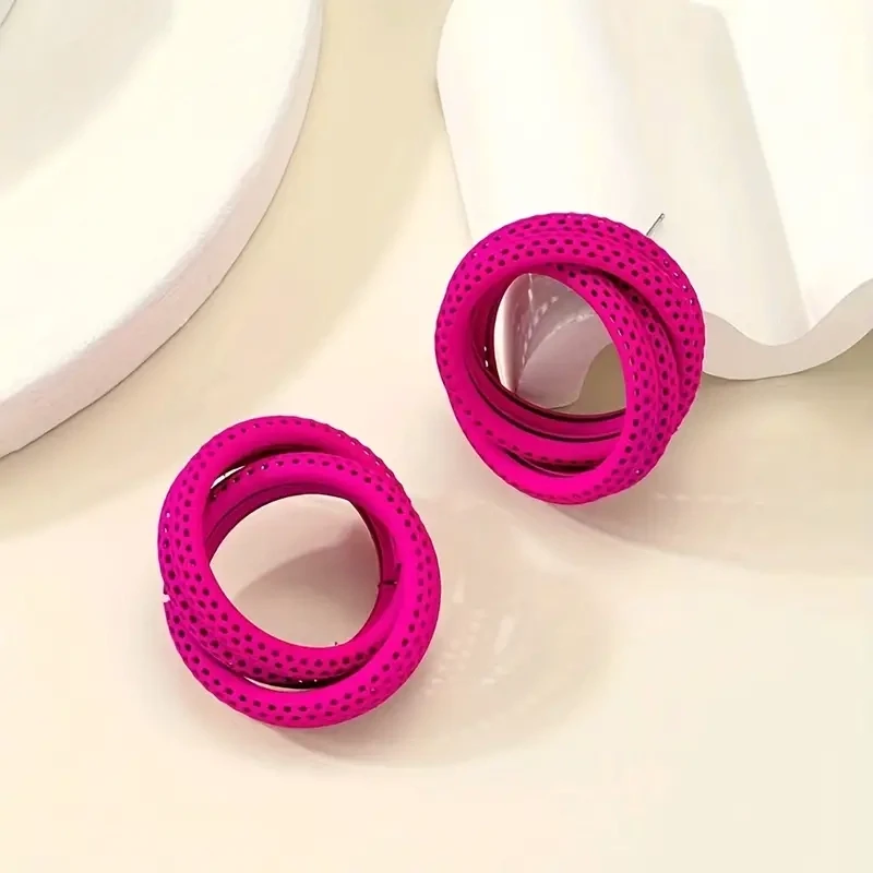 Muti-layer Hollow Round Dangle Earrings Hot Pink Rose