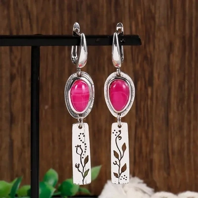 Vintage Oval Cut Pink Gemstone Drop Earrings