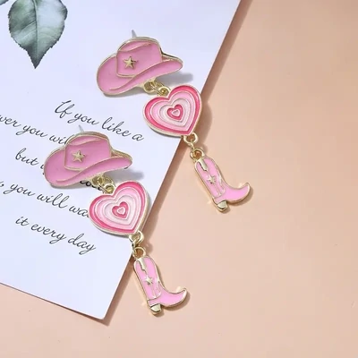 Pink Fun Western Style Cowboy Boot Hat Earrings