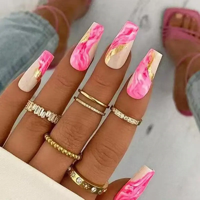 24 Pcs False Nails With Full Coverage And Glue Barbie Pink Fake Nails