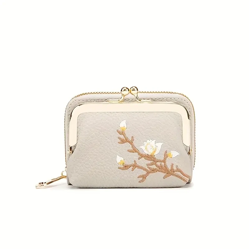 Beautiful Floral Embroidered Short Wallet: A Stylish Kiss-Lock &amp; Zipper Clutch Purse in Faux Leather