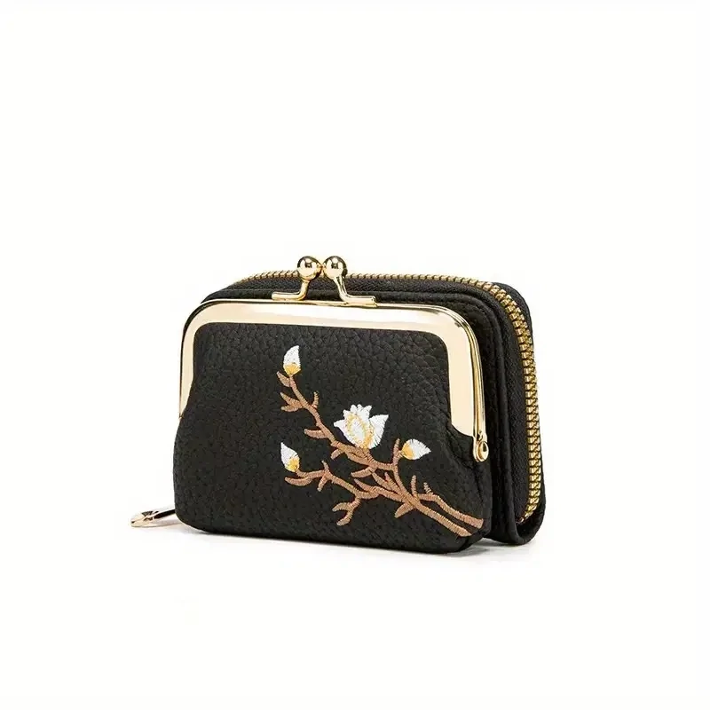 Beautiful Floral Embroidered Short Wallet: A Stylish Kiss-Lock &amp; Zipper Clutch Purse in Faux Leather