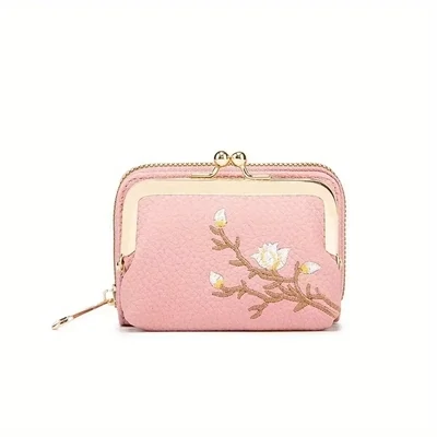 Beautiful Floral Embroidered Short Wallet: A Stylish Kiss-Lock &amp; Zipper Clutch Purse in Faux Leather