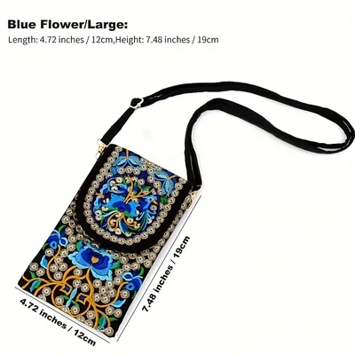 Retro Boho Embroidered Phone Bag, Mini Ethnic Travel One Shoulder Bag For Women &amp; Girls