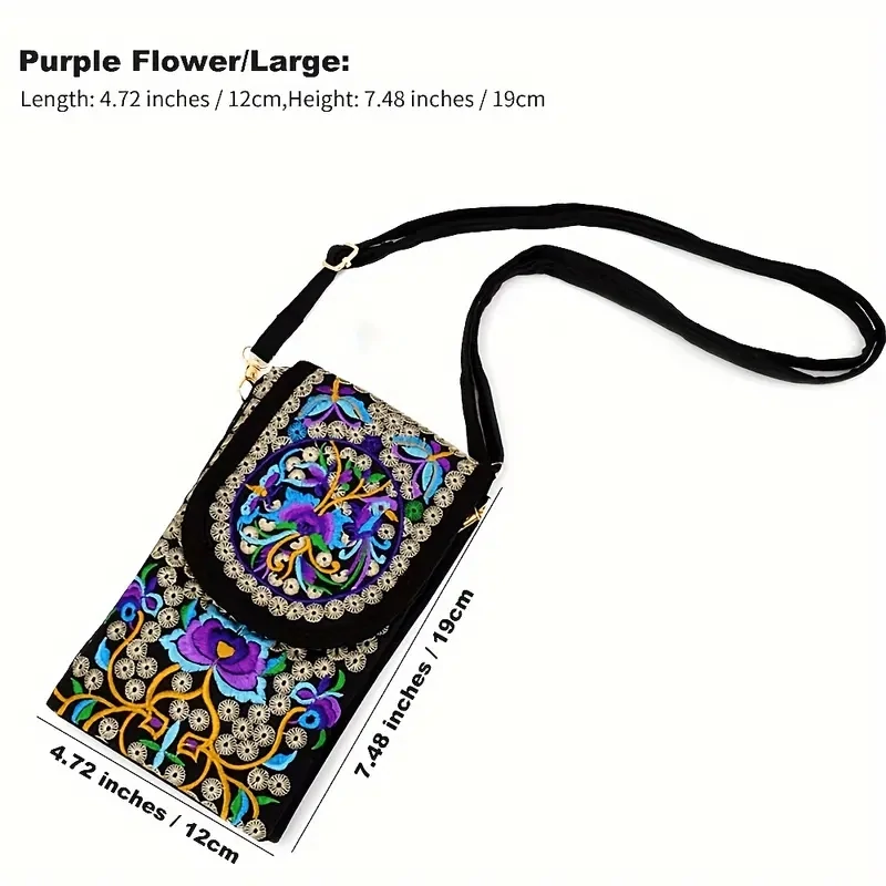 Retro Boho Embroidered Phone Bag, Mini Ethnic Travel One Shoulder Bag For Women &amp; Girls