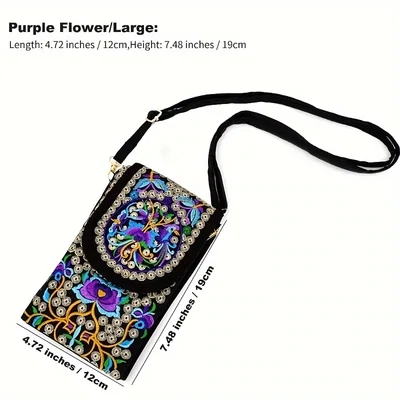 Retro Boho Embroidered Phone Bag, Mini Ethnic Travel One Shoulder Bag For Women &amp; Girls