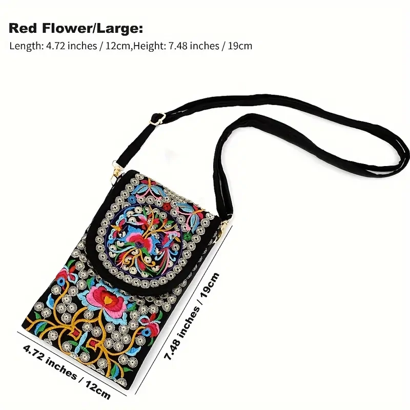 Retro Boho Embroidered Phone Bag, Mini Ethnic Travel One Shoulder Bag For Women &amp; Girls