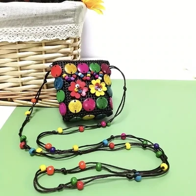Girls Bohemian Colorful Bead Decor Bag, Straw Vintage Crossbody Bag